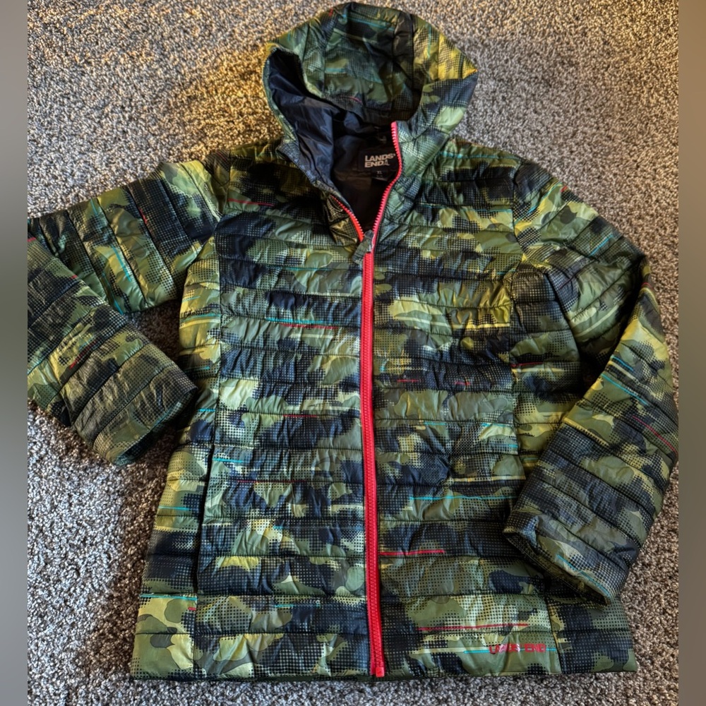Lands' End Kids Camo Puffer Jacket Kids XL 14-16 Winter Jacket Hood Orange Boys